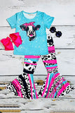 Western ranch turquoise short sleeve top & cow print pant girl's boutique set XCH0777-8H (A6S5)