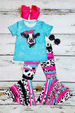 Western ranch turquoise short sleeve top & cow print pant girl's boutique set XCH0777-8H (A6S5)