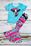 Western ranch turquoise short sleeve top & cow print pant girl's boutique set XCH0777-8H (A6S5)