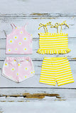 Mix & Match Pink floral & Yellow stripe girl's boutique set (2 sets bundle) DLH2409 (A4S7)