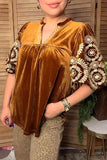 Chic cream floral embroidery brown velvet women's boutique top Southern Stitch XCH17451 FS2