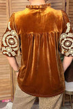 Chic cream floral embroidery brown velvet women's boutique top Southern Stitch XCH17451 FS2