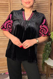 Chic pink floral embroidery black velvet women's boutique top Southern Stitch XCH17313 FS2