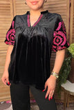 Chic pink floral embroidery black velvet women's boutique top Southern Stitch XCH17313 FS2