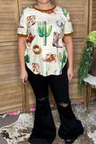 Western boots & hat & cactus print short sleeve women's boutique top DLH17405