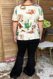 Western boots & hat & cactus print short sleeve women's boutique top DLH17405