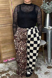 Western half leopard & chckered wide leg women's boutique pant Southern Stitch XCH17356
