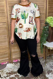 Western boots & hat & cactus print short sleeve women's boutique top DLH17405