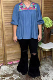 Western floral emboridery soft denim women's boutique top Southern Stitch XCH17473