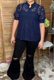 Trendy navy blue lace short sleeve women's boutique top Southern Stitch XCH17382