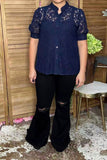 Trendy navy blue lace short sleeve women's boutique top Southern Stitch XCH17382