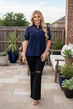 Trendy navy blue lace short sleeve women's boutique top Southern Stitch XCH17382
