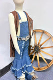 Western adjustable washed blue denim double ruffle girls boutique jeans 250932M A11S8