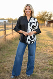 Western black & cow print 3/4 bell sleeves women's boutique top Southern Stitch GJQ17516 ES3