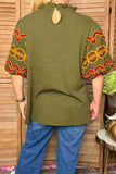 Southwestern geometric embroidery olive green women's boutique top Southern Stitch XCH16787