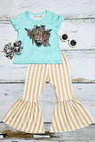 Western cow turquoise & tan stripped bell bottom girl's boutique set XCH0777-30H (A7S5) CLE