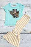 Western cow turquoise & tan stripped bell bottom girl's boutique set XCH0777-30H (A7S5) CLE