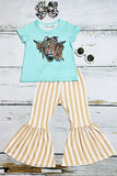 Western cow turquoise & tan stripped bell bottom girl's boutique set XCH0777-30H (A7S5) CLE