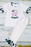 Western cow & pink stripe printed ruffle girls boutique set 11130MZ (A1S9)