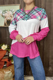 XCH15251 Colorful checked fuchsia&white block printed long/tighten cuff sleeve women tops