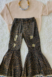 Brown leopard print distressed denim bell bottoms girls denim pant 206018M