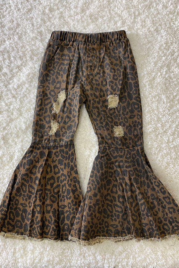 Brown leopard print distressed denim bell bottoms girls denim pant 206018M