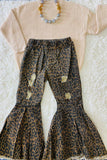 Brown leopard print distressed denim bell bottoms girls denim pant 206018M