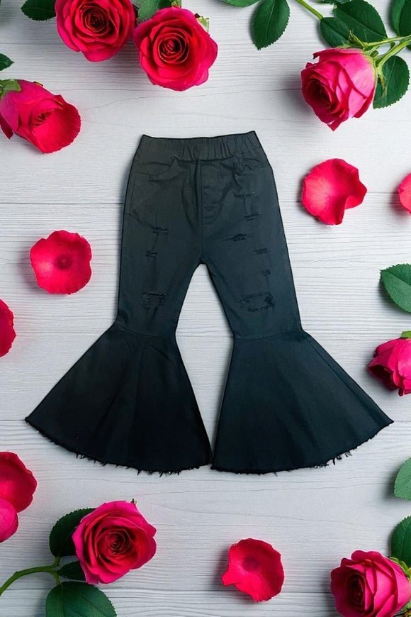 Black distressed denim bell bottoms jeans girls pant 206020M A16S2
