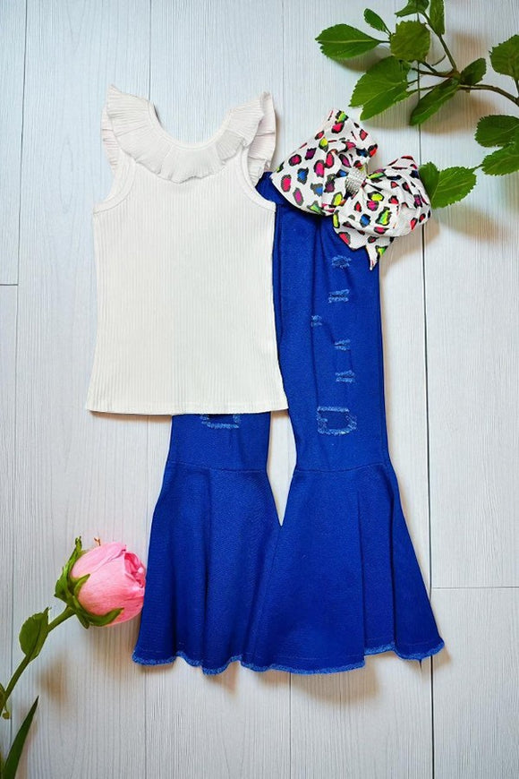 Royal blue distressed denim bell bottoms girls jeans 206022M A16S1