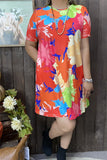 GJQ15681 Floral multi color printed short sleeve women midi dresses w/side pockets