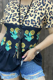 BQ13934 Cactus printed black background fabric leopard printed with ruffle trim  short sleeve women tops(DS8)