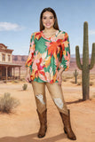 Yellow & dark green leaves printed 3/4 sleeves women blouse & v-neckline BQ16315 ES6F