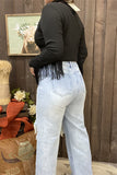 S008 Big hole on the knee washing white jean fabric straight style women pants