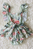 DLH1215-28 Aqua floral print ruffle baby romper w/headband