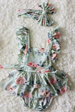 DLH1215-28 Aqua floral print ruffle baby romper w/headband
