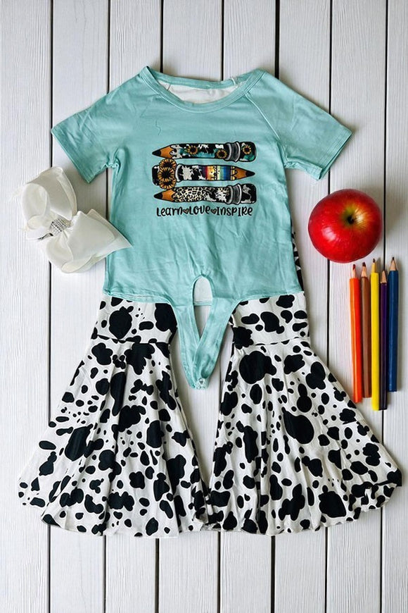 Aqua pencils top & cow bell bottom girls clothing sets DLH2508 (A8S8)
