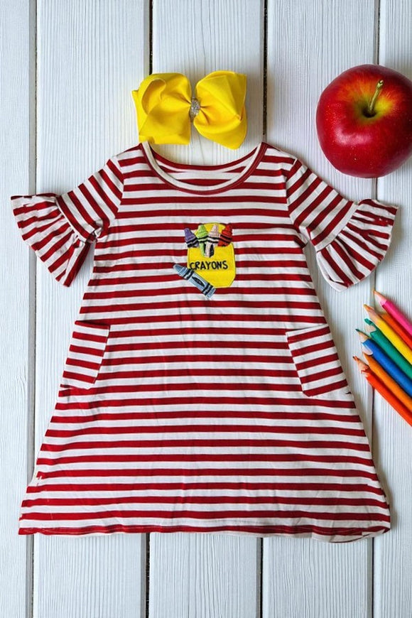 Back to school striped red w/ crayons embroidery patch girl dress DLH2421 (A8S8)