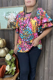 XCH15659 Colorful leopard printed double ruffle short sleeve women tops