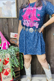 XCH14366 Fuchsia boot graphic blue leopard printed short sleeve w/side pockets women dress