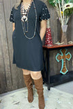 BQ15589 Black  bubble short sleeve w/pearl women dress w/side pockets