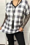 BQ11648 Checked V-neckline leopard printed tighten long sleeve women tops (AS9)