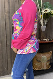 XCH15691 Teal paisley&floral multi color printed solid pink color long sleeve w/elastic cuff women tops