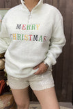 BQ15440 "MERRY CHRISTMAS"words embroidery white polyester fur w/zipper long sleeve women top/sweatshirt