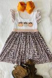 Pumpkin embroidery striped leopard print girls dress DLH2439
