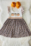 Pumpkin embroidery striped leopard print girls dress DLH2439
