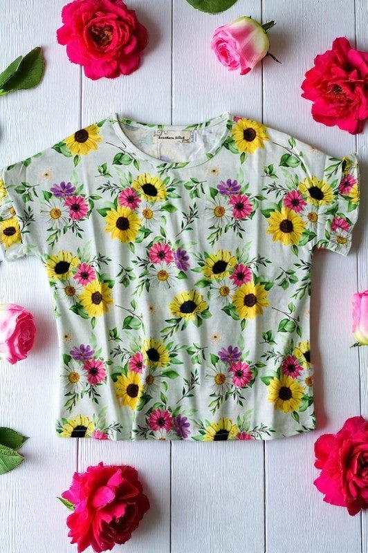 Shop Multi floral printed short sleeve girl top w/ruffle XCH0899-6H