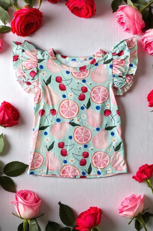 Shop Fruits printed girls blouse w/ruffle sleeves DLH2390