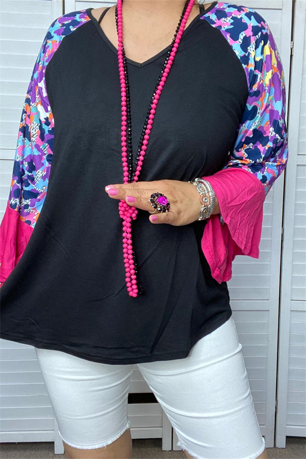 BQ14242 Black raglan long sleeve leopard printed top w/pink