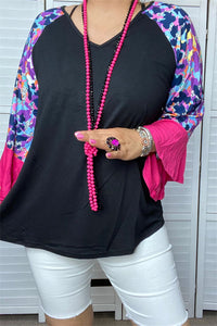 BQ14242 Black raglan long sleeve leopard printed top w/pink ruffle trim for women tops(AS3)