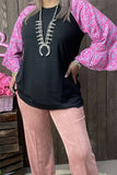 GJQ15595 Paisley Fuchsia&mint color printed 3/4 sleeve w/ruffle black women tops raglan design